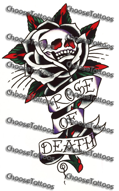 Skull In Rose With Rose Of Death Banner Tattoo Design