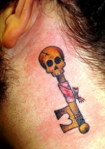 Skull Key Tattoo On Behind The Ear