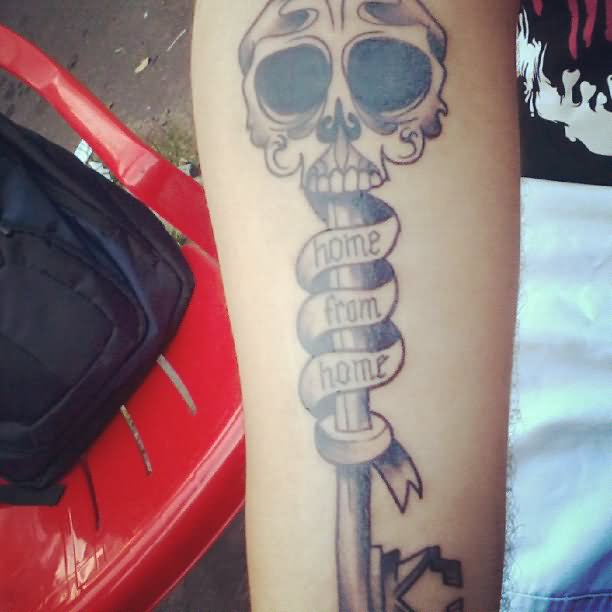 Skull Key With Banner Tattoo Design For Forearm