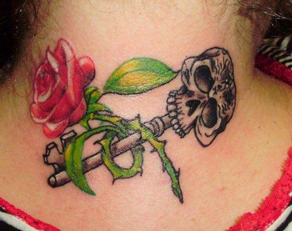 Skull Key With Rose Tattoo Design For Back Neck