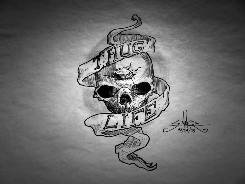 Skull With Thug Life Banner Tattoo Design