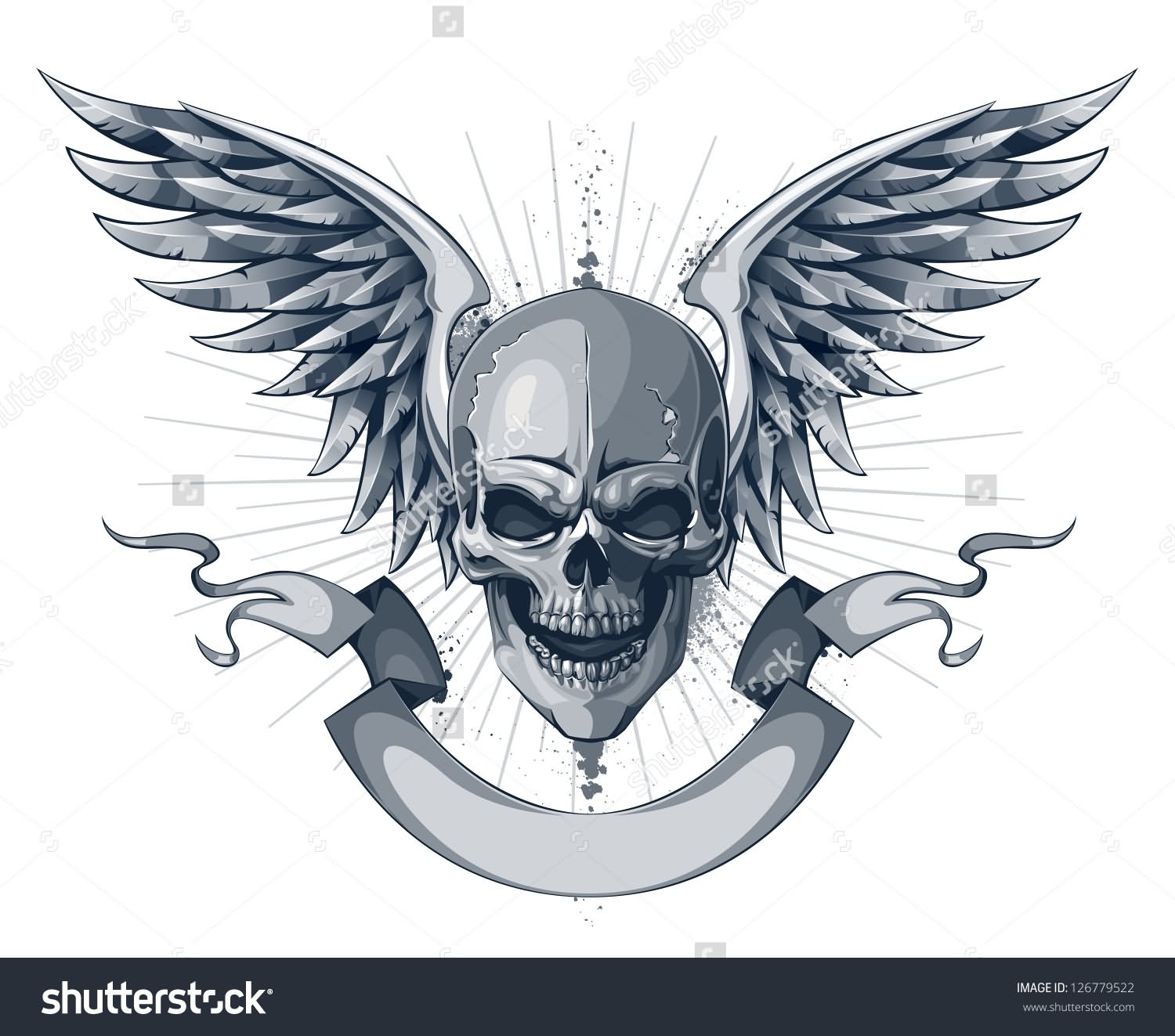 Skull With Wings And Scroll Ribbon Tattoo Design
