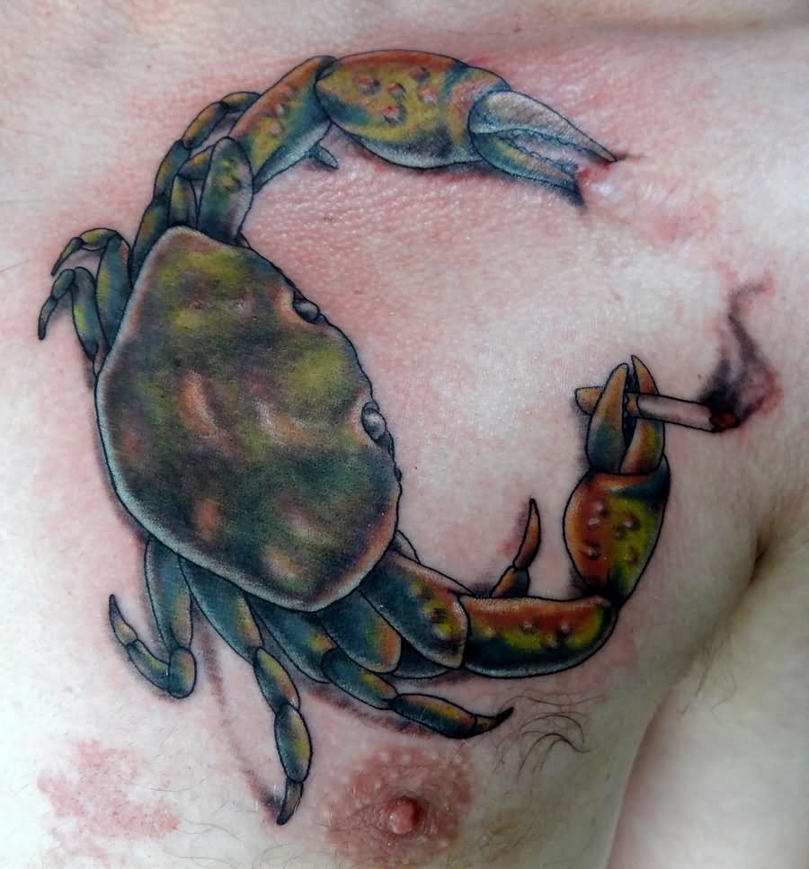 Smoking Crab Tattoo On Chest For Men