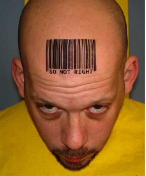 So Not Right Barcode Tattoo On Man Forehead