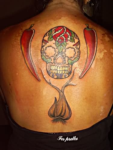 Sugar Skull With Garlic And chili Tattoo On Upper Back