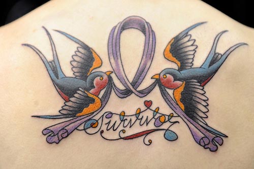 Survivor - Two Flying Bird With Ribbon Tattoo Design For Upper Back