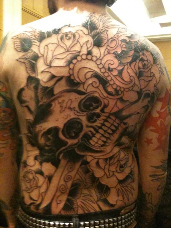 Sword In Death Skull With Roses Tattoo On Full Back By Scott Sylvia