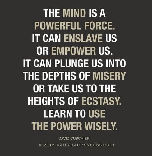 The Mind is a Powerful Force.  It Can Enslave us or Empower Us.  It Can Plunge us into the Depths of Misery or Take Us To the Heights of Ecstasy.  Learn to Use the Power Wisely.