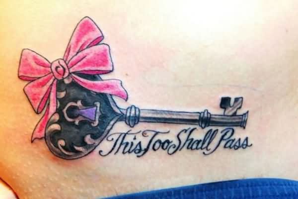 This Too Shall Pass - Heart Key With Ribbon Bow Tattoo Design