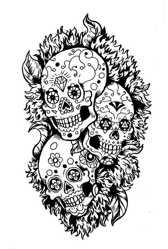 Three Dia De Los Muertos Skull Tattoo Stencil