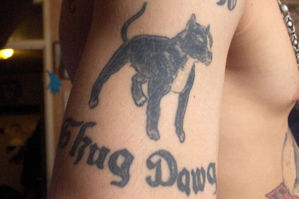Thug Dawg - Black Ink Dog Tattoo On Man Right Half Sleeve
