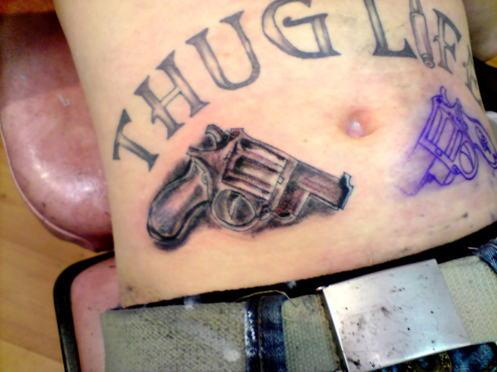 Thug Life - 3D Gun Tattoo On Man Stomach.