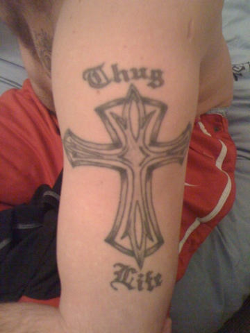 Thug Life - Cross Tattoo On Half Sleeve