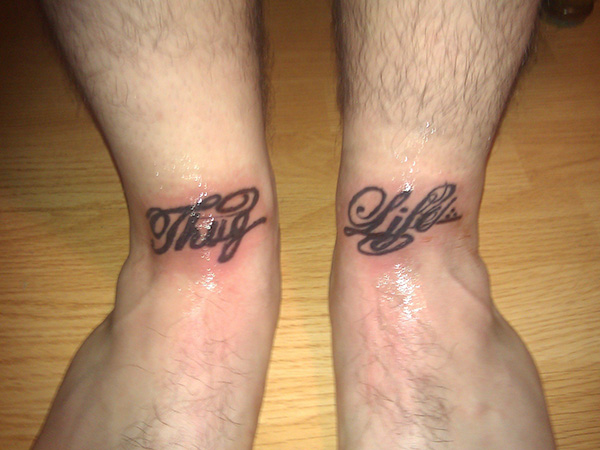 Thug Life Lettering Tattoo On Leg