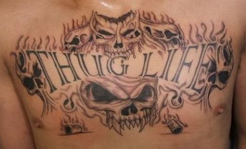 Thug Life - Skulls Tattoo On Man Stomach