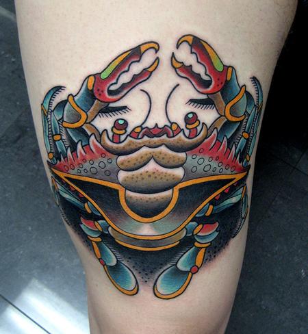 Traditional Colorful Crab Tattoo On Leg