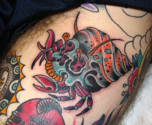 Traditional Crab Skeleton Tattoo On Thigh