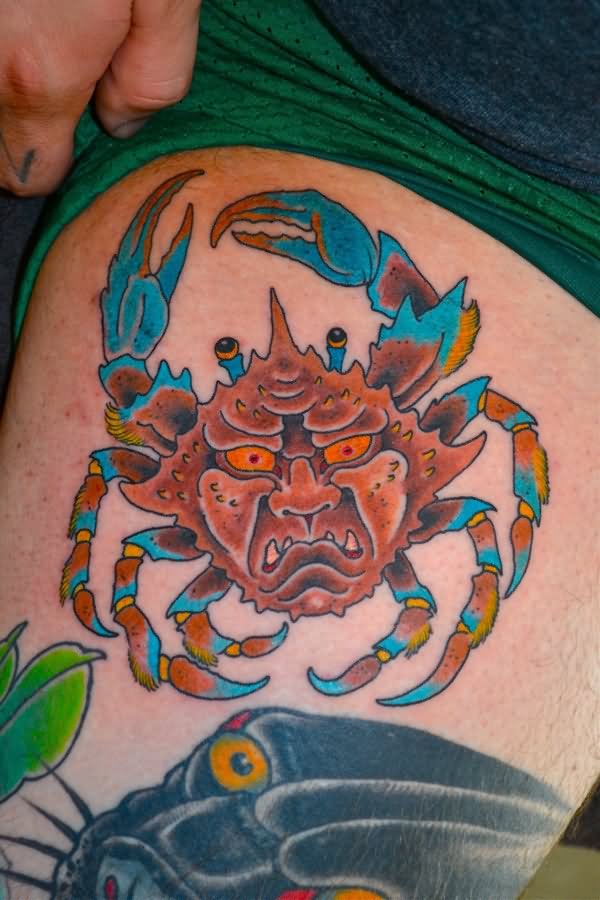 Traditional Crab Tattoo On Side Thigh