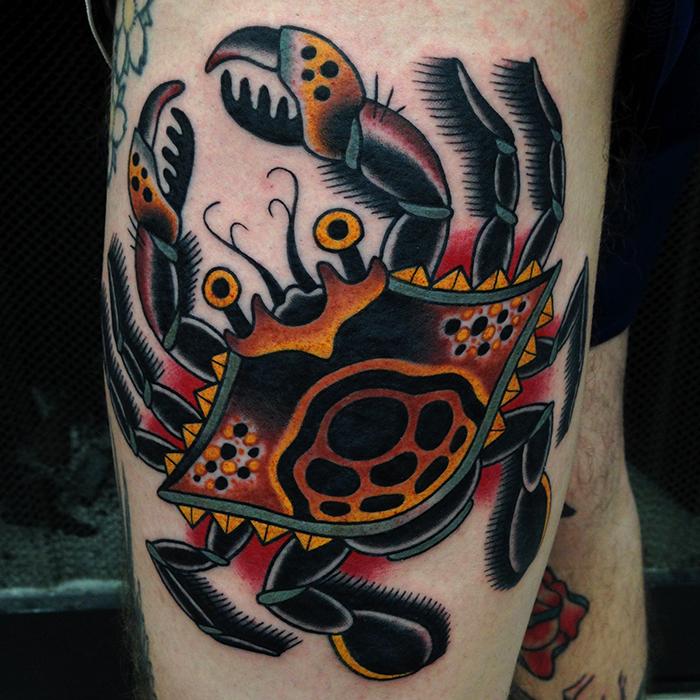 Traditional Crab Tattoo On Sleeve by Jonathan Montalvo