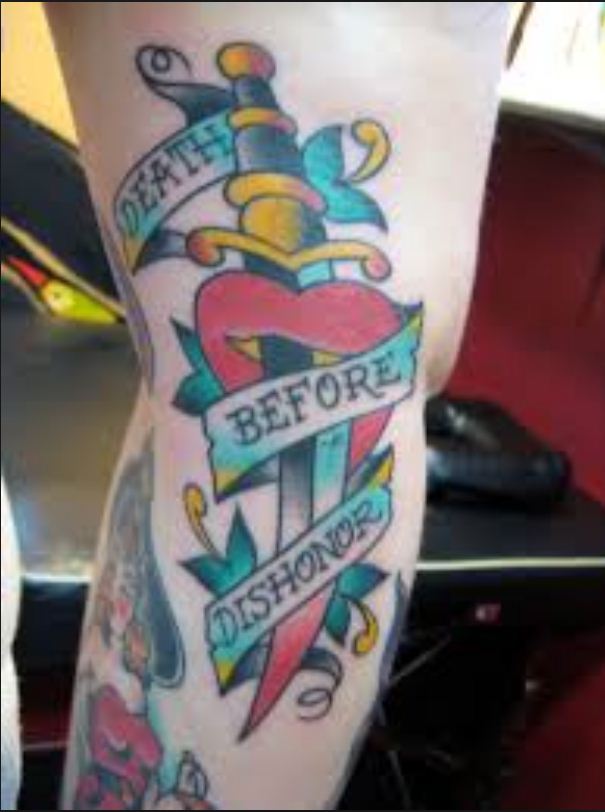 Traditional Dagger In Heart With Death Before Dishonor Banner Tattoo Design For Leg