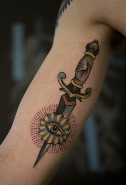 Traditional Dagger With Eye Tattoo Design For Half Sleeve