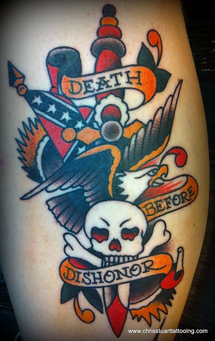 Traditional Dagger With Skull And Death Before Dishonor Banner Tattoo Design