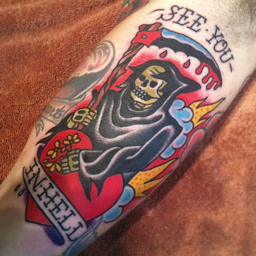 Traditional Death Grim Reaper With Heart And Banner Tattoo Design For Leg
