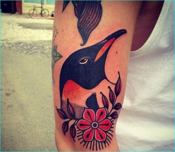 Traditional Flower And Penguin Tattoo On Half Sleeve
