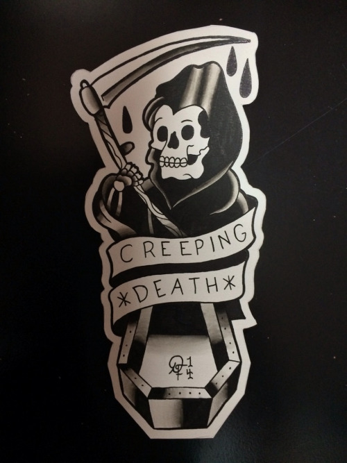 Traditional Grim Reaper With Creeping Death Banner Tattoo Design