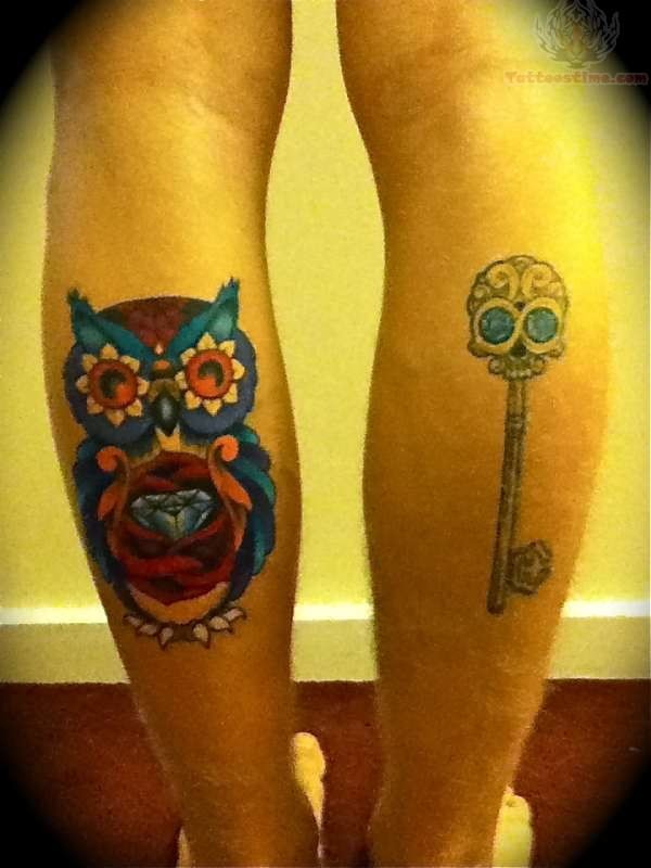 Traditional Owl And Skull Key Tattoo On Both Leg Calf
