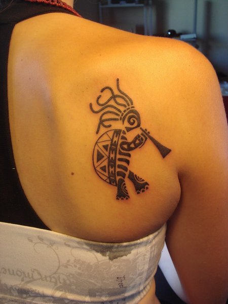 Tribal Kokopelli Turtle Tattoo On Right Back Shoulder