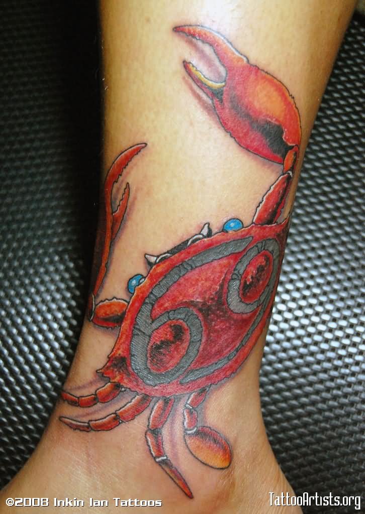 Tribal Red Crab Tattoo On Leg