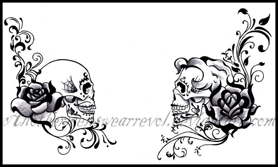 Two Dia De Los Muertos Couple Skull With Rose Tattoo Design