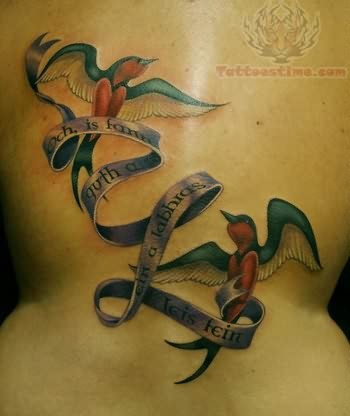 Two Flying Birds With Ribbon Tattoo Design For Full Back