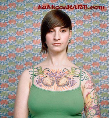 Two Garlic With Flowers Tattoo On Girl Chest