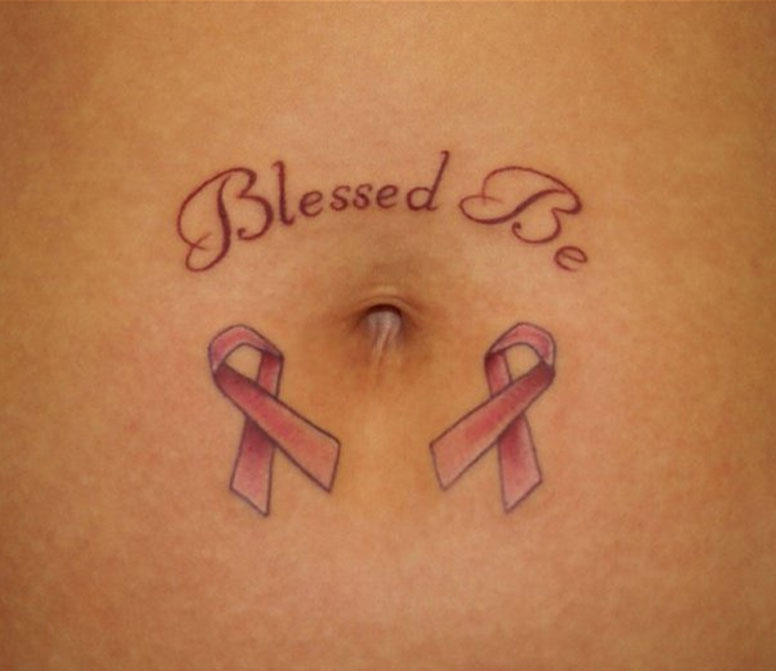 Two Pink Cancer Ribbon With Words Tattoo On Belly Button.