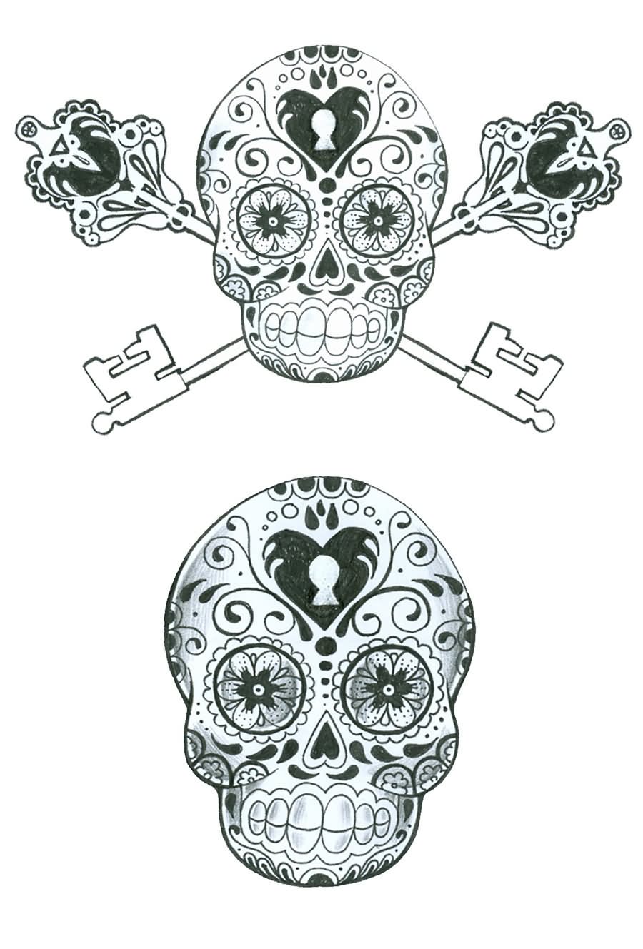Two Sugar Skull With Two Crossing Key Tattoo Design
