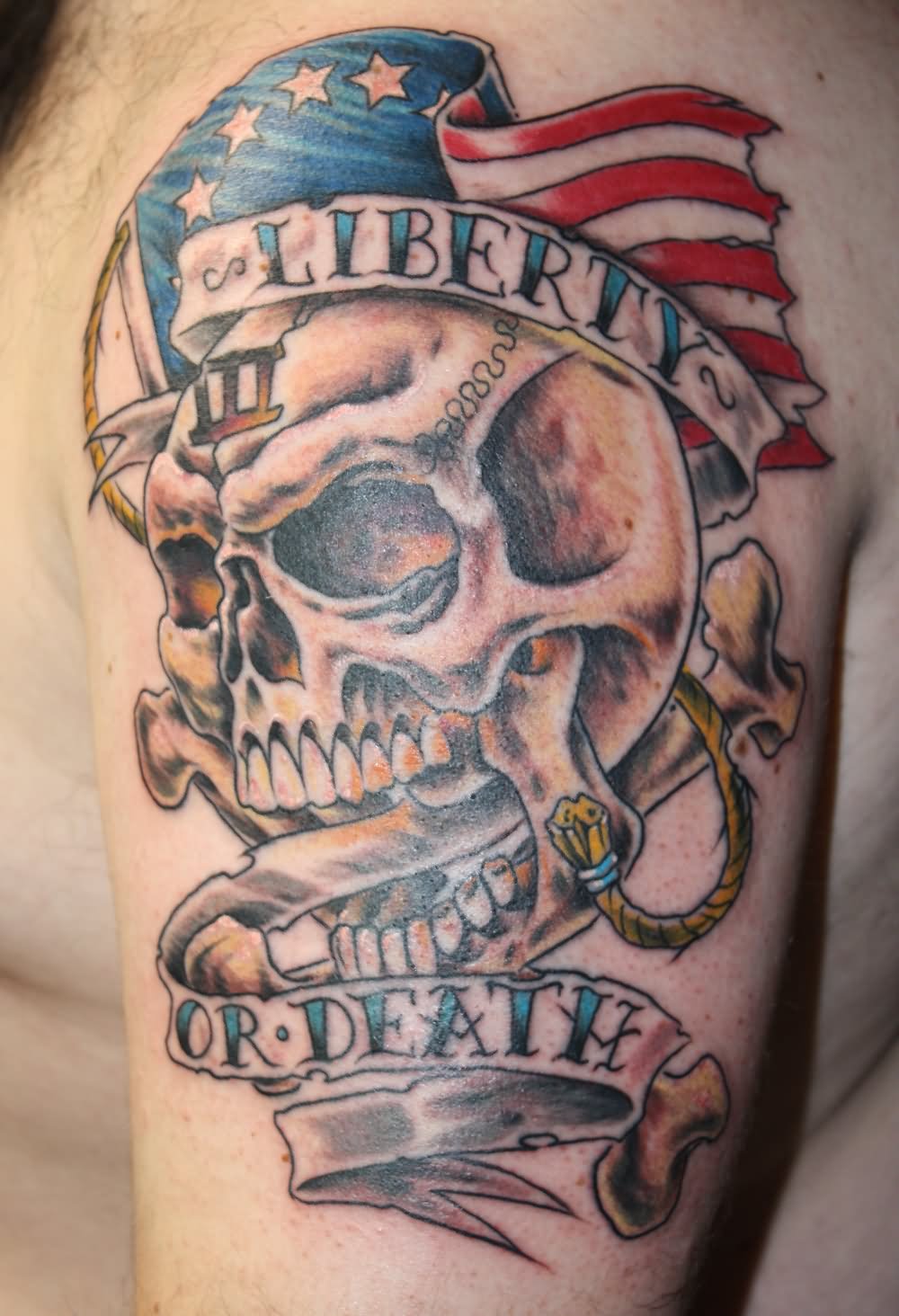 USA Flag With Skull And Liberty Or Death Banner Tattoo Design For Shoulder