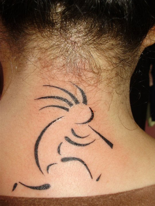 Unique Black Outline Kokopelli Tattoo On Back Neck
