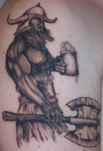 Viking With Poleaxe And A Mug of Ale Tattoo