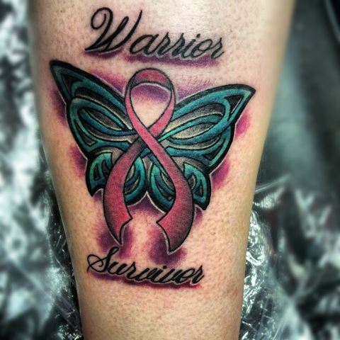 Warrior Survivor - Cancer Ribbon With Butterfly Wings Tattoo Design
