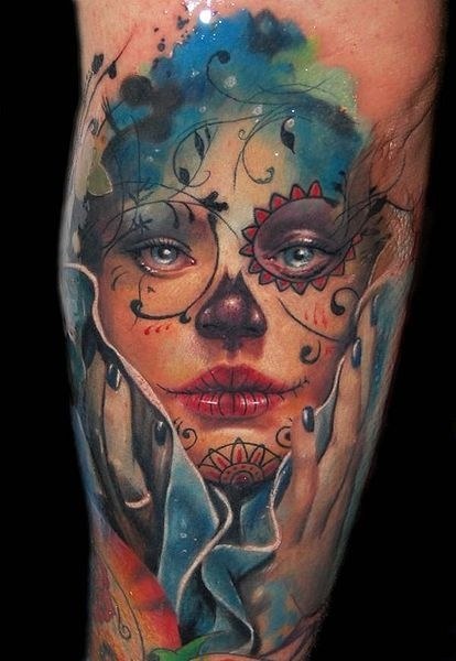 Watercolor Dia De Los Muertos Girl  Face Tattoo Design