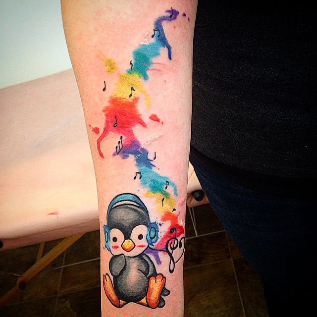Watercolor Penguin Tattoo On Forearm