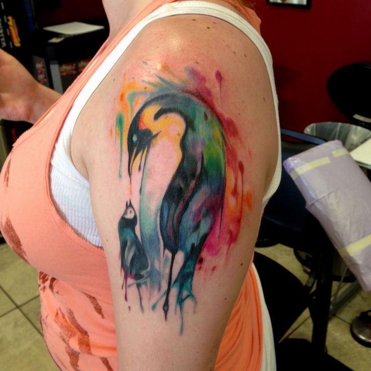 Watercolor Penguin Tattoo On Left Shoulder by Mike Ashworth