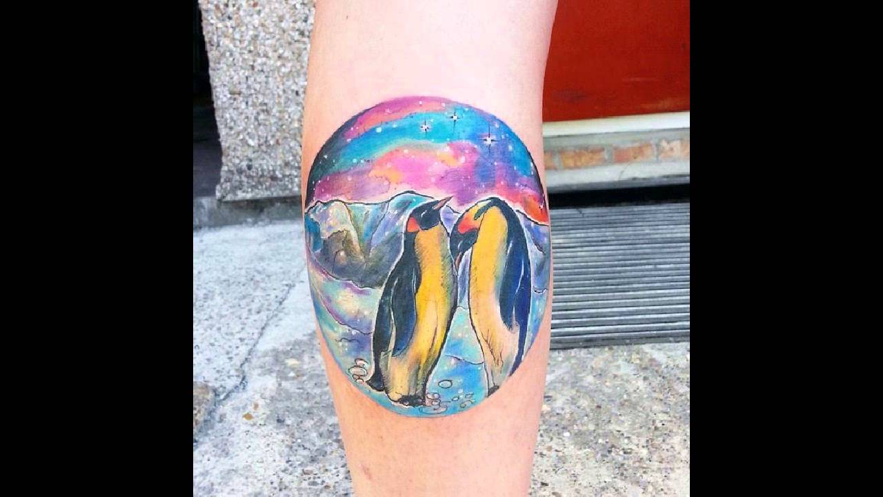 Watercolor Penguin Tattoo On Leg
