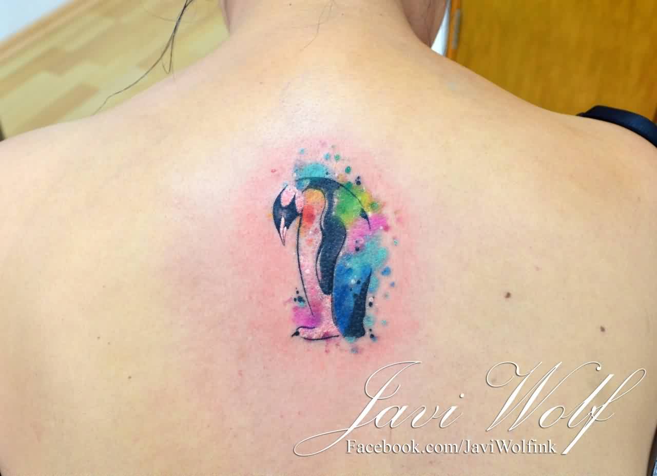 Watercolor Penguin Tattoo On Upper Back
