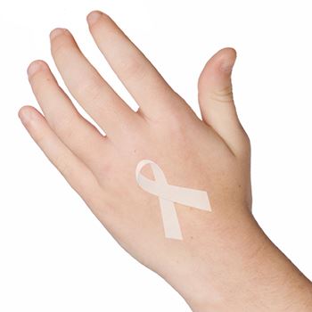 White Cancer Ribbon Tattoo On Hand