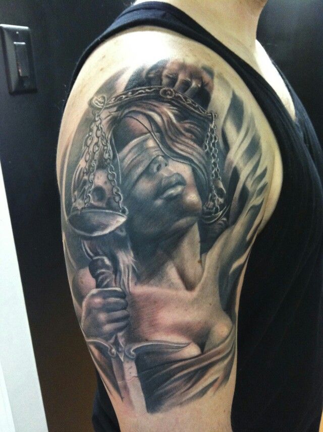 3D Justice Lady Tattoo On Right Shoulder