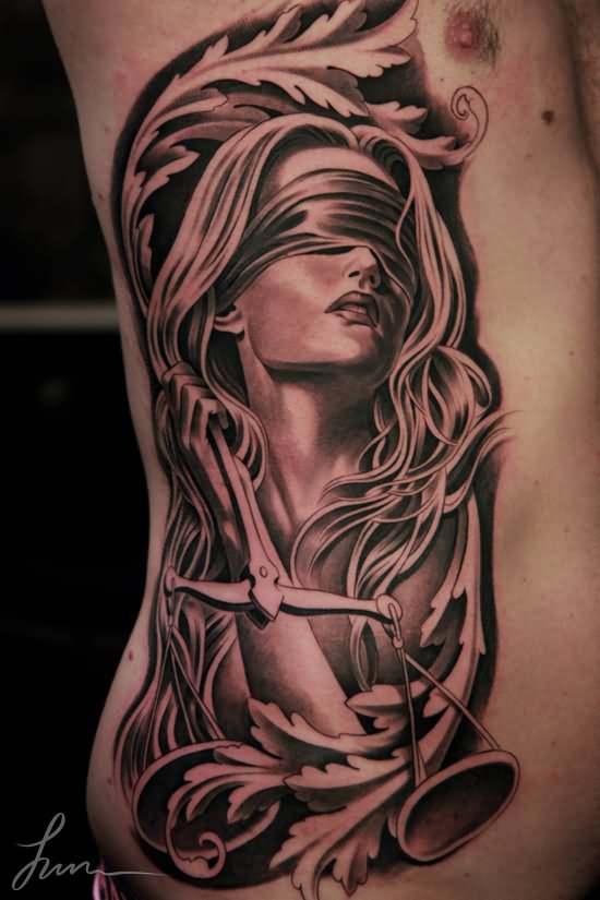 3D Lady Justice Tattoo On Man Side Rib