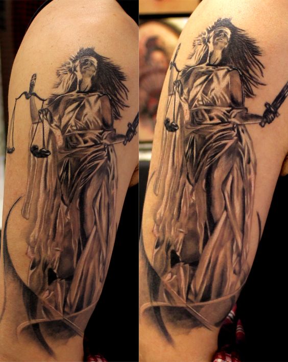 3d Lady Justice Tattoo On Half Sleeve